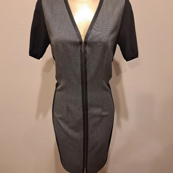 Elie Tahari Mila Black & Grey Short Sleeve Pencil Dress With Point Zipper - Picture 4 of 9